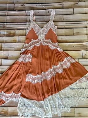 by Anthropologie Rust Lace Boho Midi Dress XS/S Asymmetrical Hem